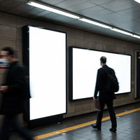 Blurred commuters walking near empty lightboxes in subway