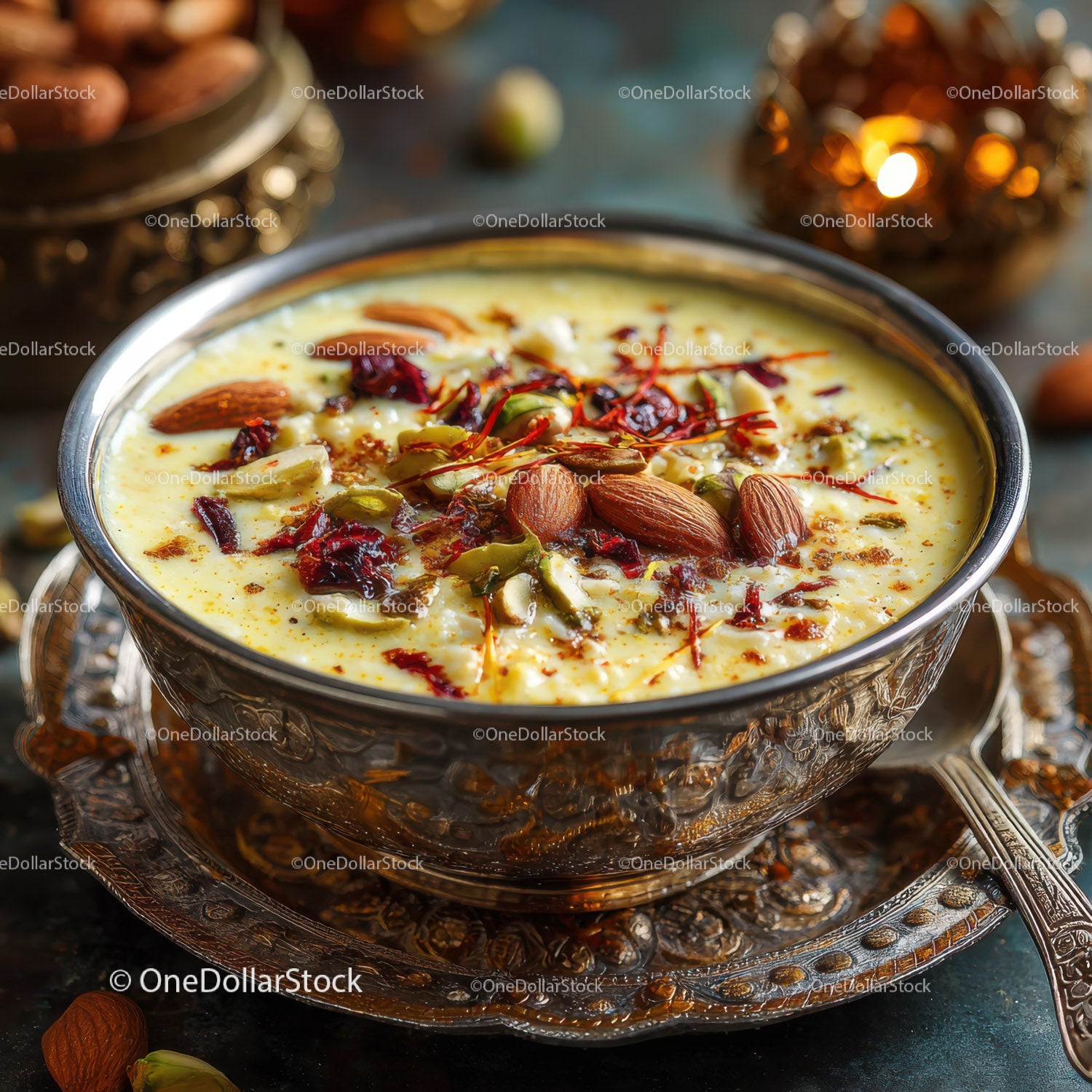 Sweet Saffron and Dry Fruit Mithai in Silver Bowl for Celebration
