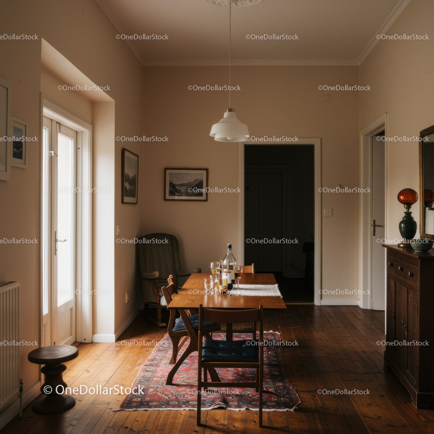 Elegant Cozy Dining Room with Wooden Furniture and Vintage Decor