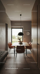 Modern dining room with natural light and warm tones