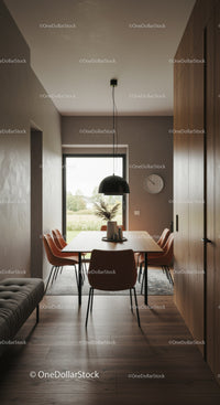Modern dining room with natural light and warm tones