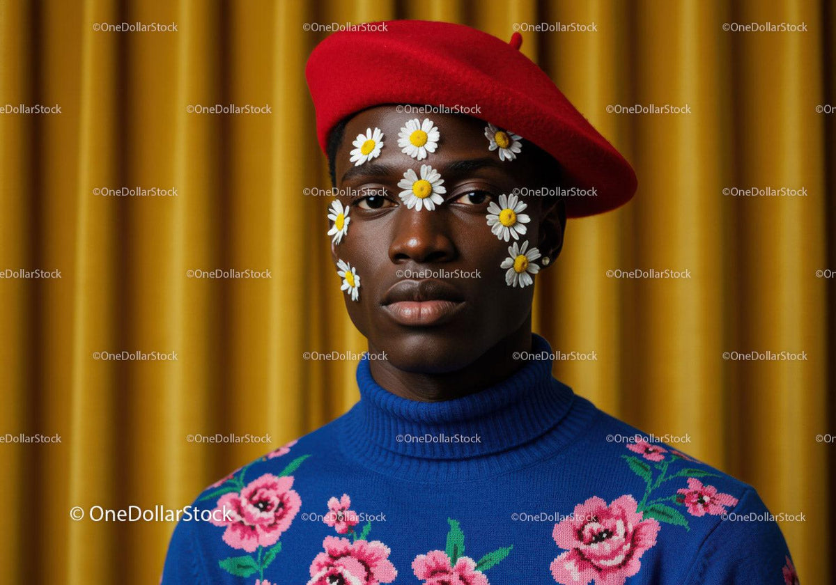 Portrait of man with daisies on face and vibrant outfit