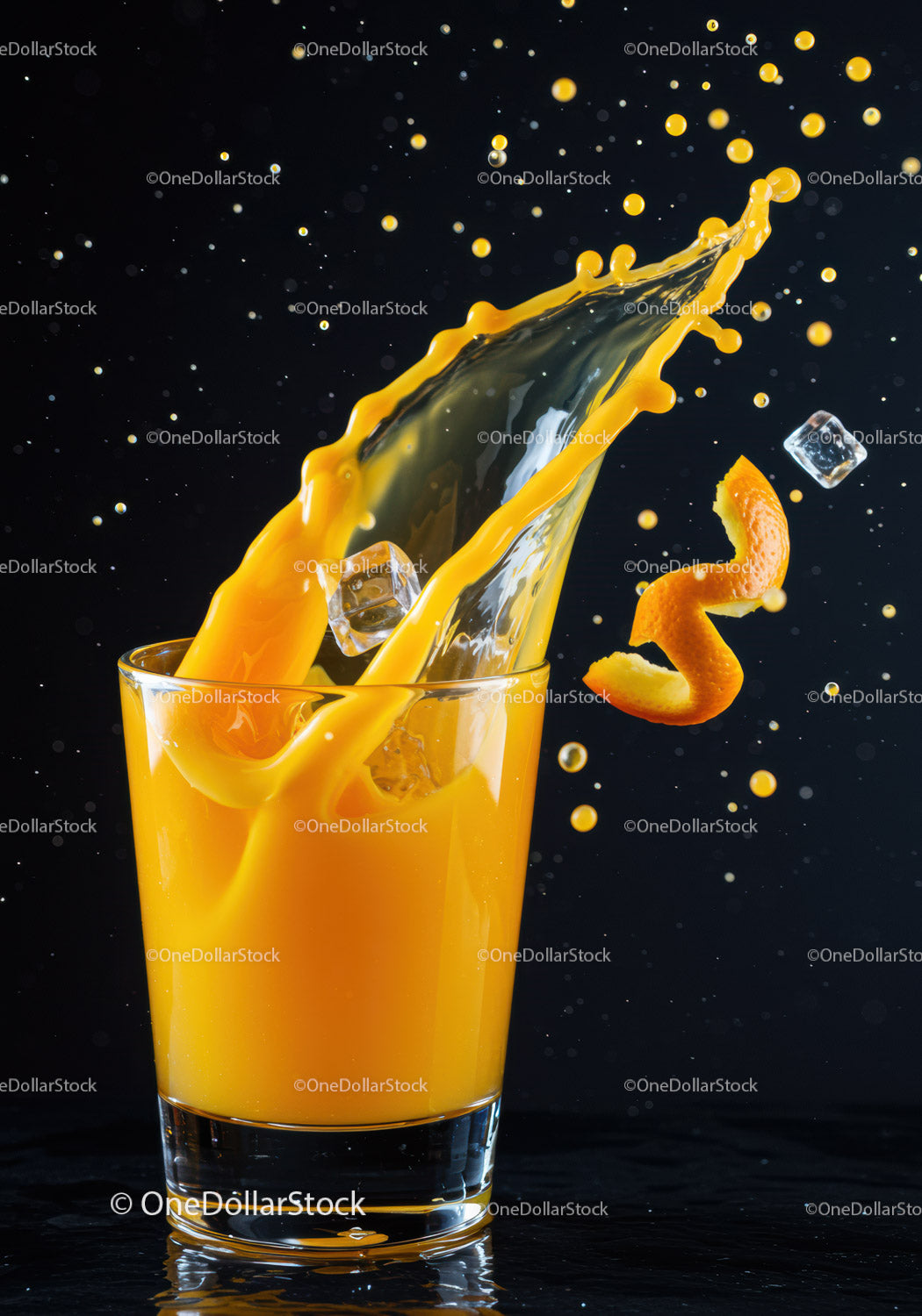 Vibrant orange juice splash with ice and peel spiral