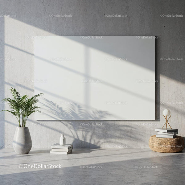 Minimalist living space with blank canvas and natural light JPG Mockup Image