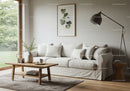 Cozy neutral living room with soft sofa and natural light