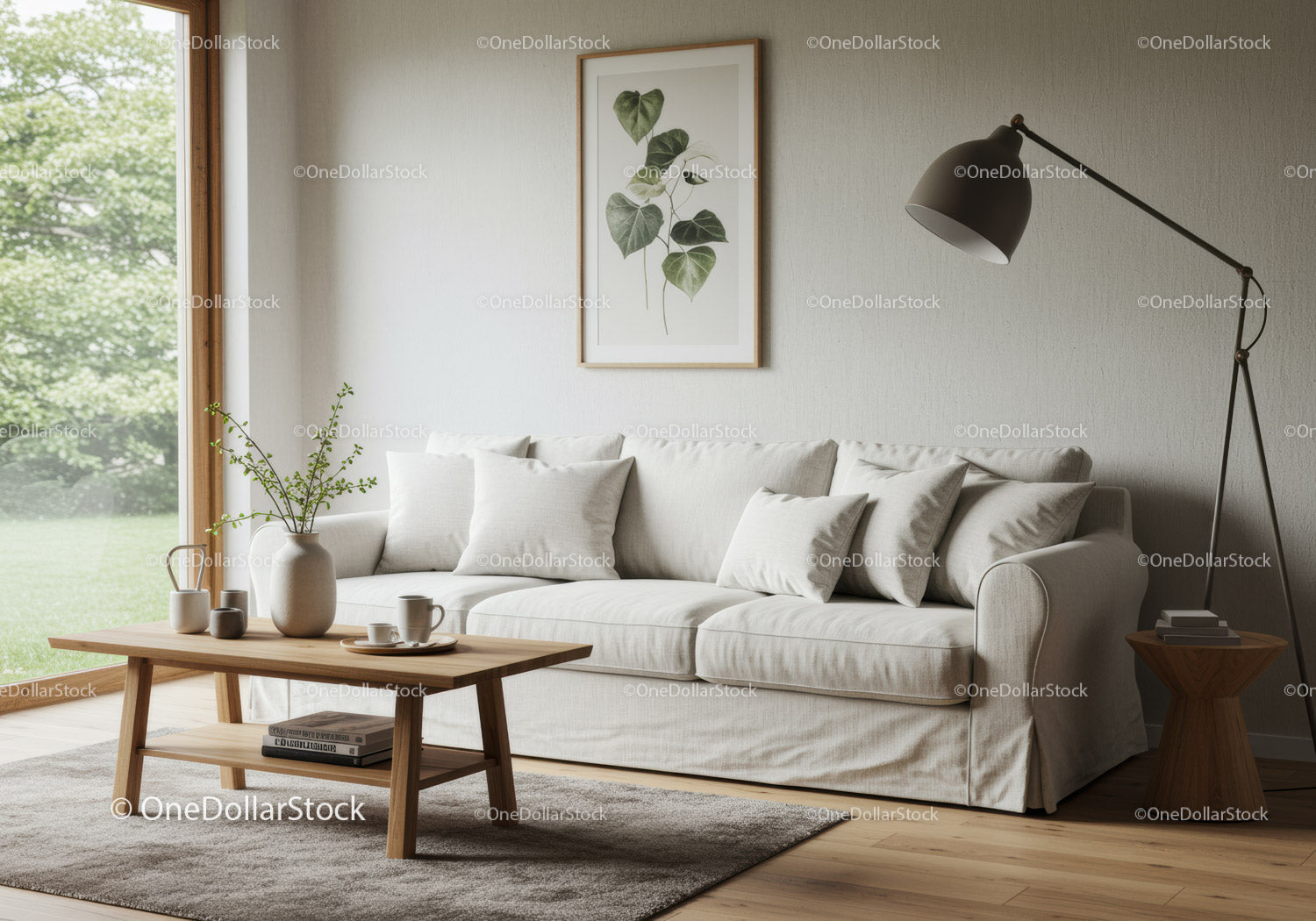 Przytulny, neutralny salon z miękką sofą i naturalnym światłem