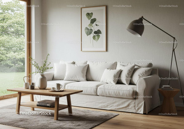 Cozy neutral living room with soft sofa and natural light