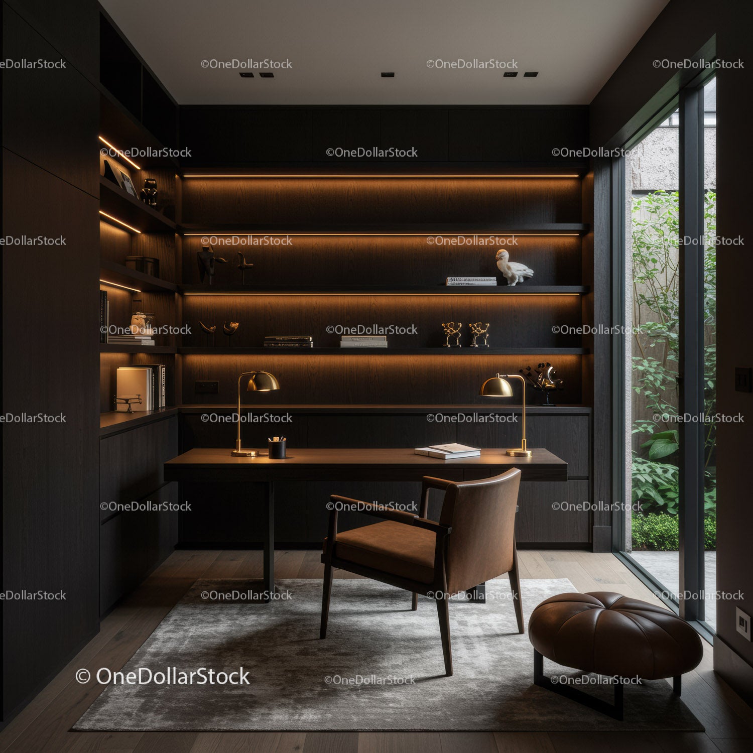 Modern home office with dark wood and ambient lighting