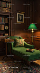Cozy classic reading nook with green chaise lounge