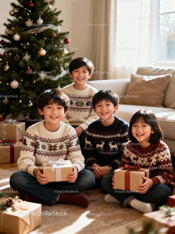 Happy children holding presents by decorated Christmas tree