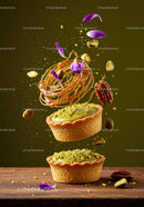 Pistachio tartlets with caramel and flower petals