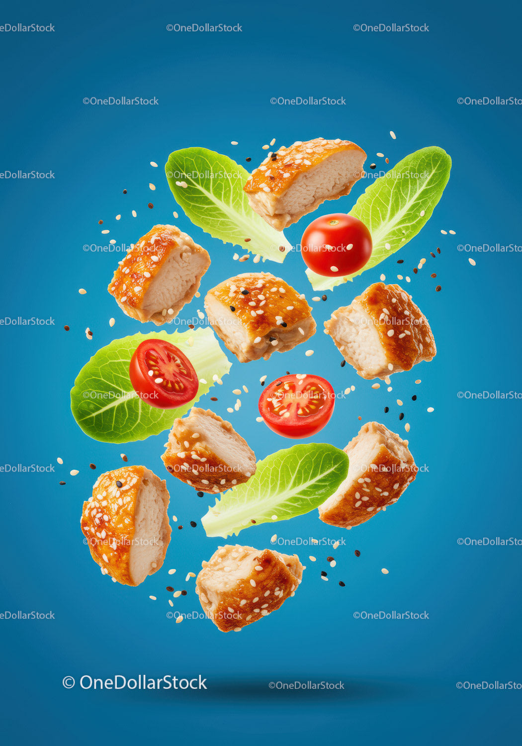 Fresh chicken bites with cherry tomatoes and lettuce leaves