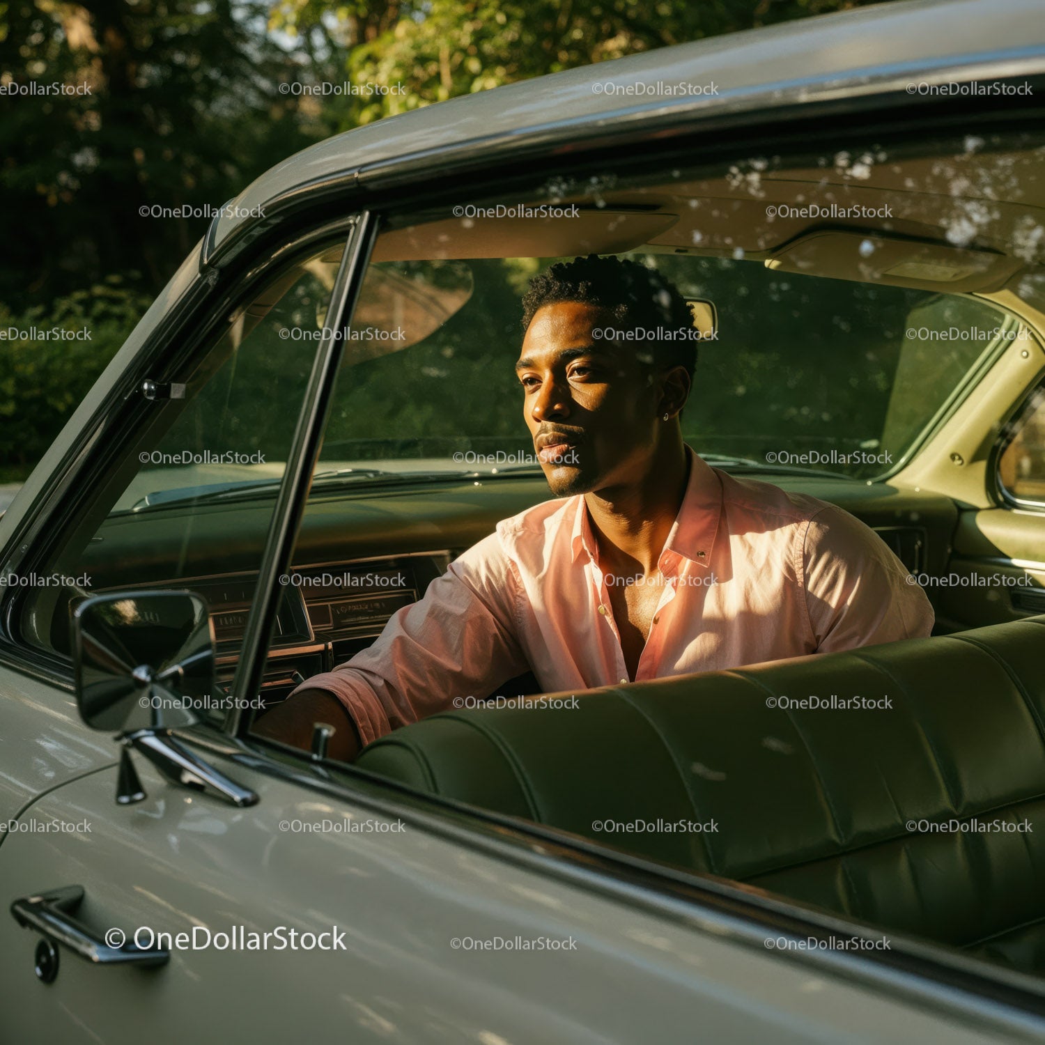 Young Man in Pink Shirt Sitting in Vintage Car on a Sunny Day