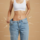 Slender Woman Measuring Waist in Casual Clothing on Neutral Background