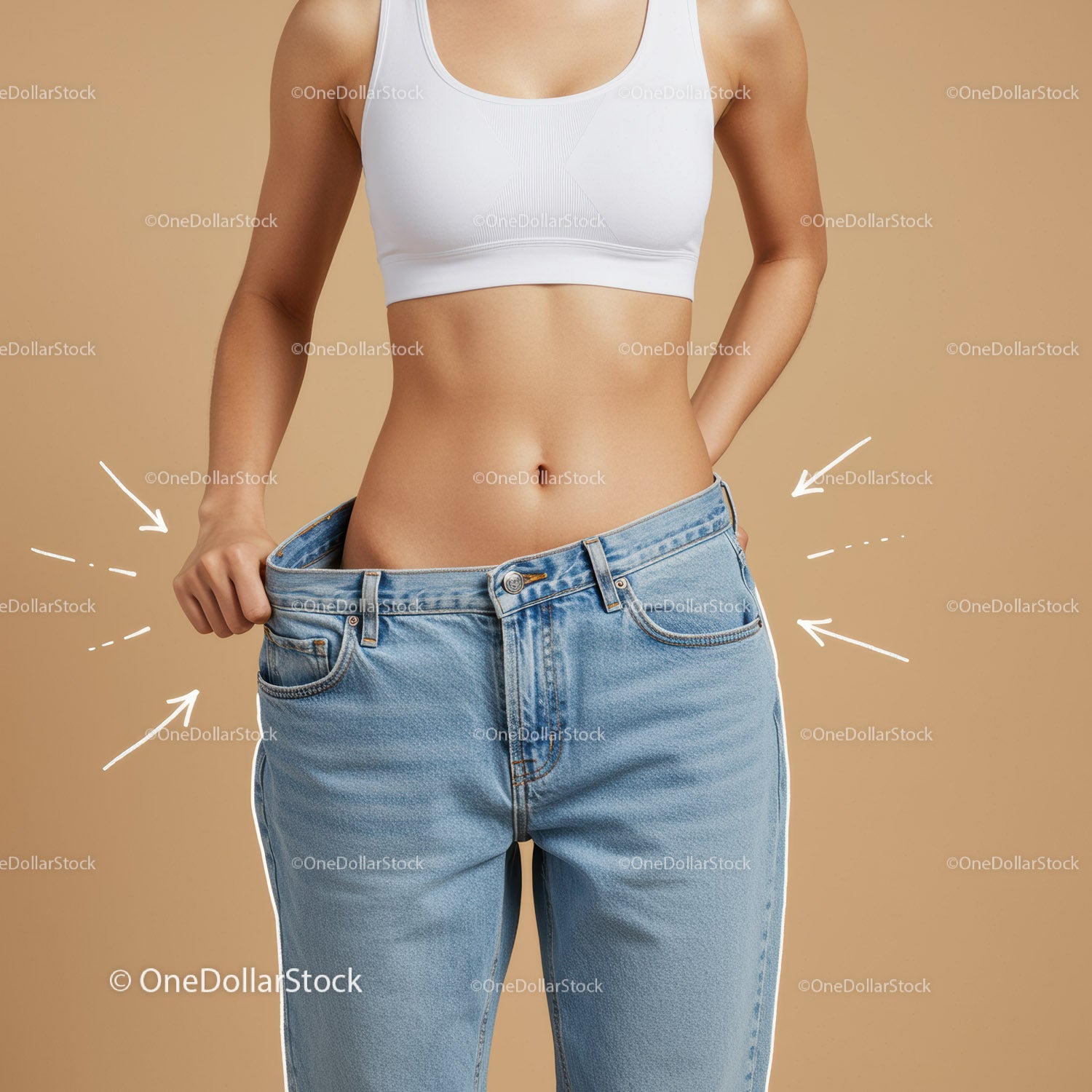 Slender Woman Measuring Waist in Casual Clothing on Neutral Background