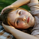 Young woman resting outdoors on a checkered blanket
