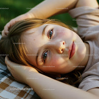 Young woman resting outdoors on a checkered blanket
