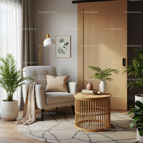 Cozy corner with armchair and natural wood decor