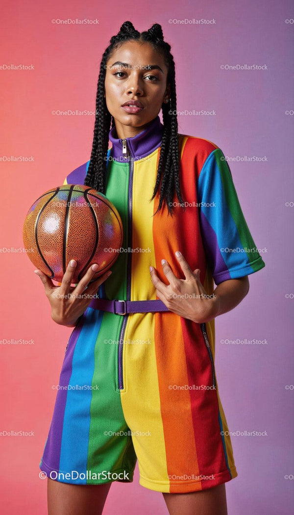 Young Woman in Rainbow Sportswear Holding Basketball in Studio