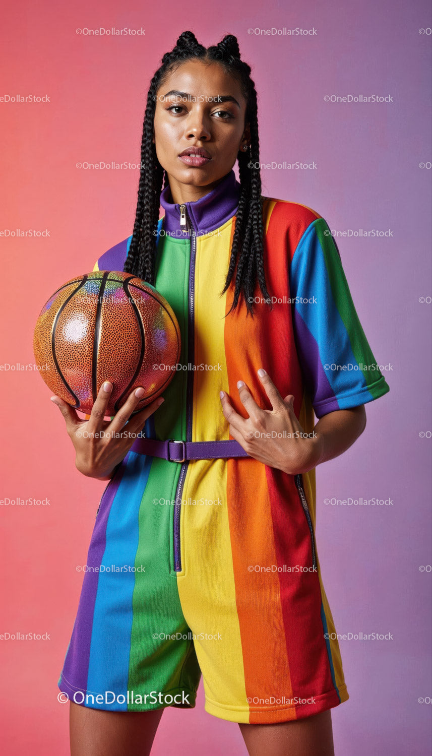 Młoda kobieta w tęczowej odzieży sportowej trzymająca piłkę do koszykówki w studiu