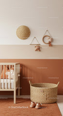 Cozy Modern Nursery with Woven Basket and Wall Hangings