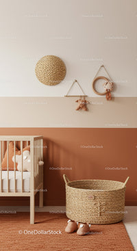 Cozy Modern Nursery with Woven Basket and Wall Hangings