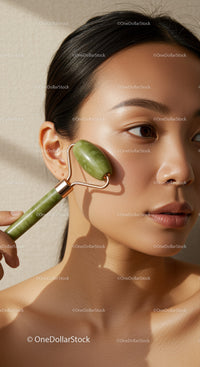 Young Woman Using Jade Roller for Facial Massage and Skin Rejuvenation