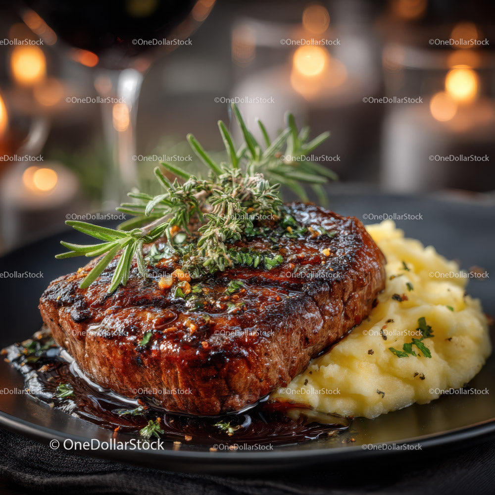 Herb Garnished Juicy Grilled Steak with Mashed Potatoes