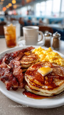 Stack of Fluffy Pancakes with Syrup and Bacon for Breakfast or Brunch