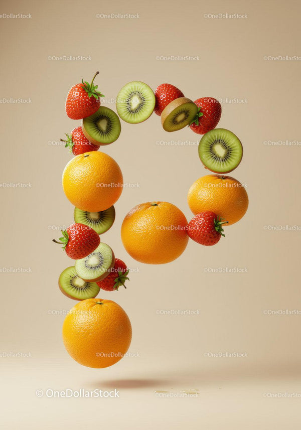 Floating Fresh Fruits Forming Number Nine on Beige