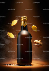 Dark Bottle with Floating Ginger Slices and Smoke