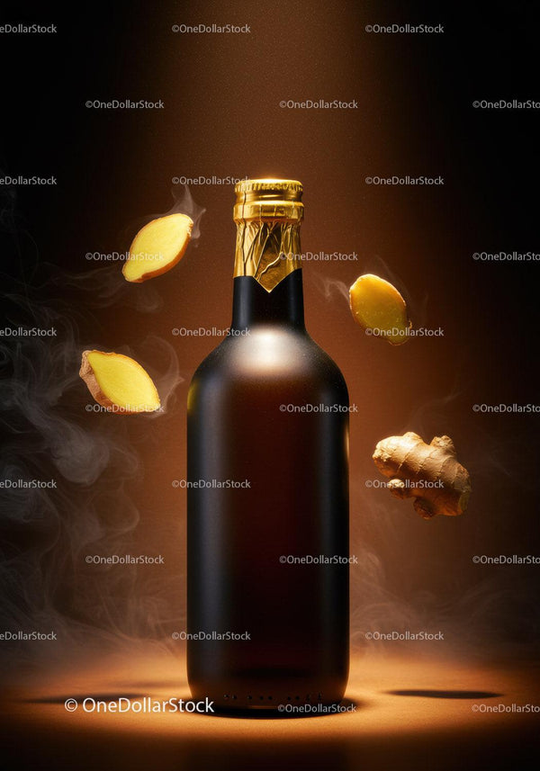 Dark Bottle with Floating Ginger Slices and Smoke