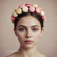 Young woman with macaron crown and clear skin