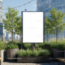Urban outdoor billboard surrounded by green plants