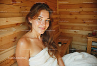 Young Woman Relaxing in a Cozy Wooden Spa Room