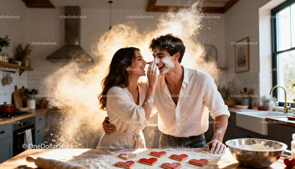 Romantic couple baking heart cookies in sunny kitchen