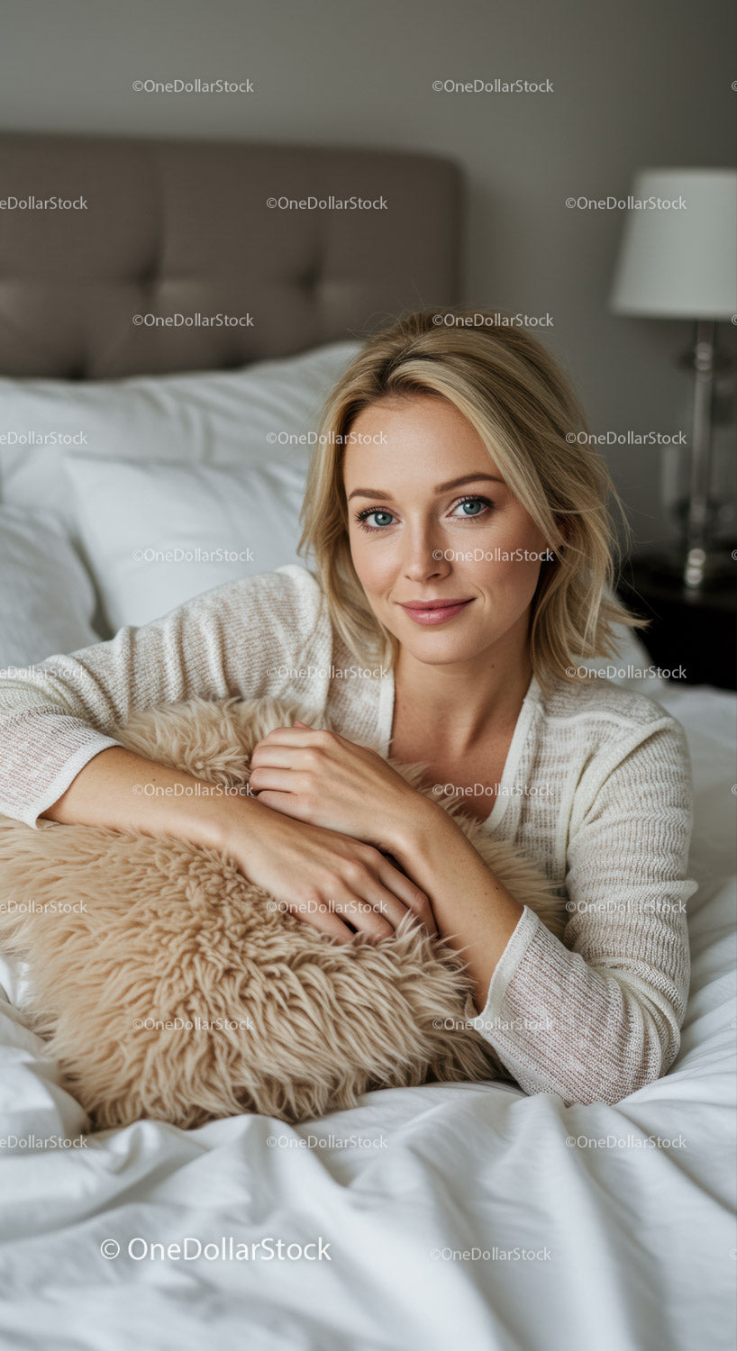 Young woman relaxing on bed with fluffy pillow