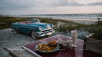 Beachside Cheeseburger French Fries and Milkshake with Classic Car