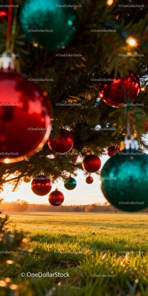 Christmas tree baubles glowing in golden sunset light