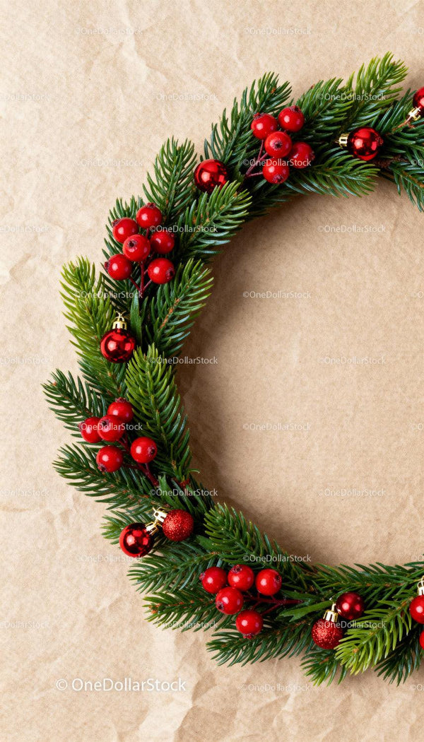 Festive Christmas Wreath with Red Berries and Ornaments