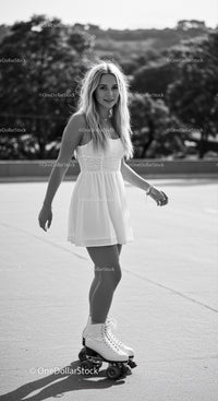 Young woman roller skating in a sunny outdoor setting