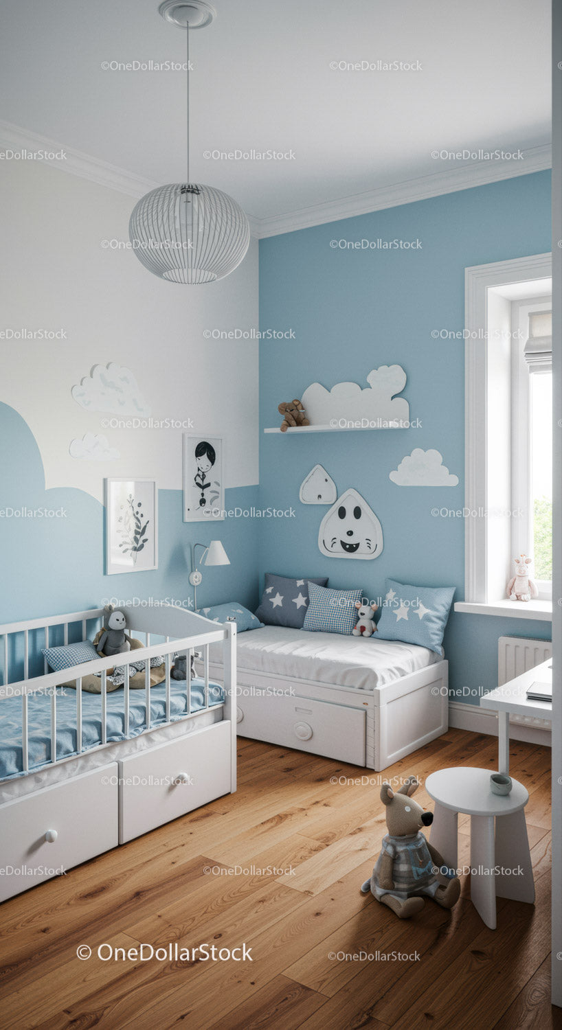 Bright Children's Bedroom with Cloud Wall Art and Cozy Twin Beds