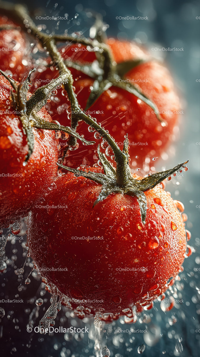 Vibrant Ripe Tomatoes with Water Splash and Dew on Vine