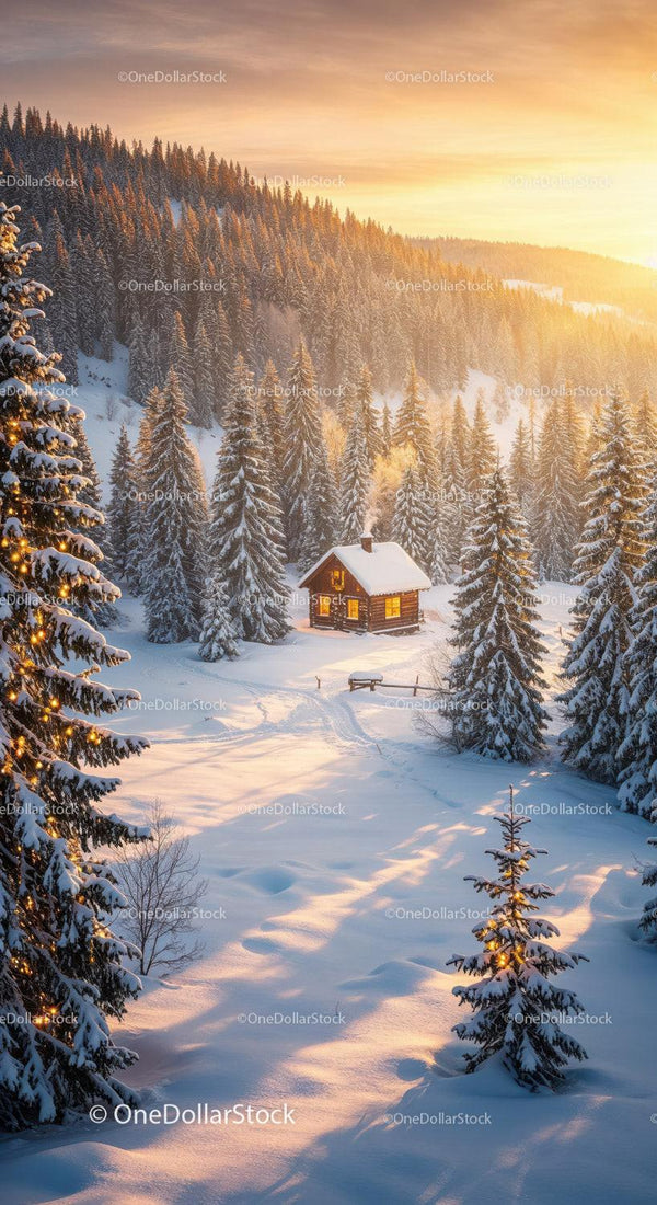 Cozy Cabin Glowing at Sunset in Snowy Forest
