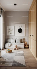 Modern Children's Nursery with Wooden Wardrobe and Playful Decor