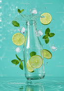 Refreshing splash with lime, mint, and ice cubes in bottle