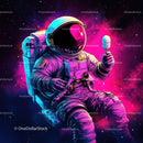 Colorful Astronaut Holding Ice Cream in Space with Galaxy Reflection