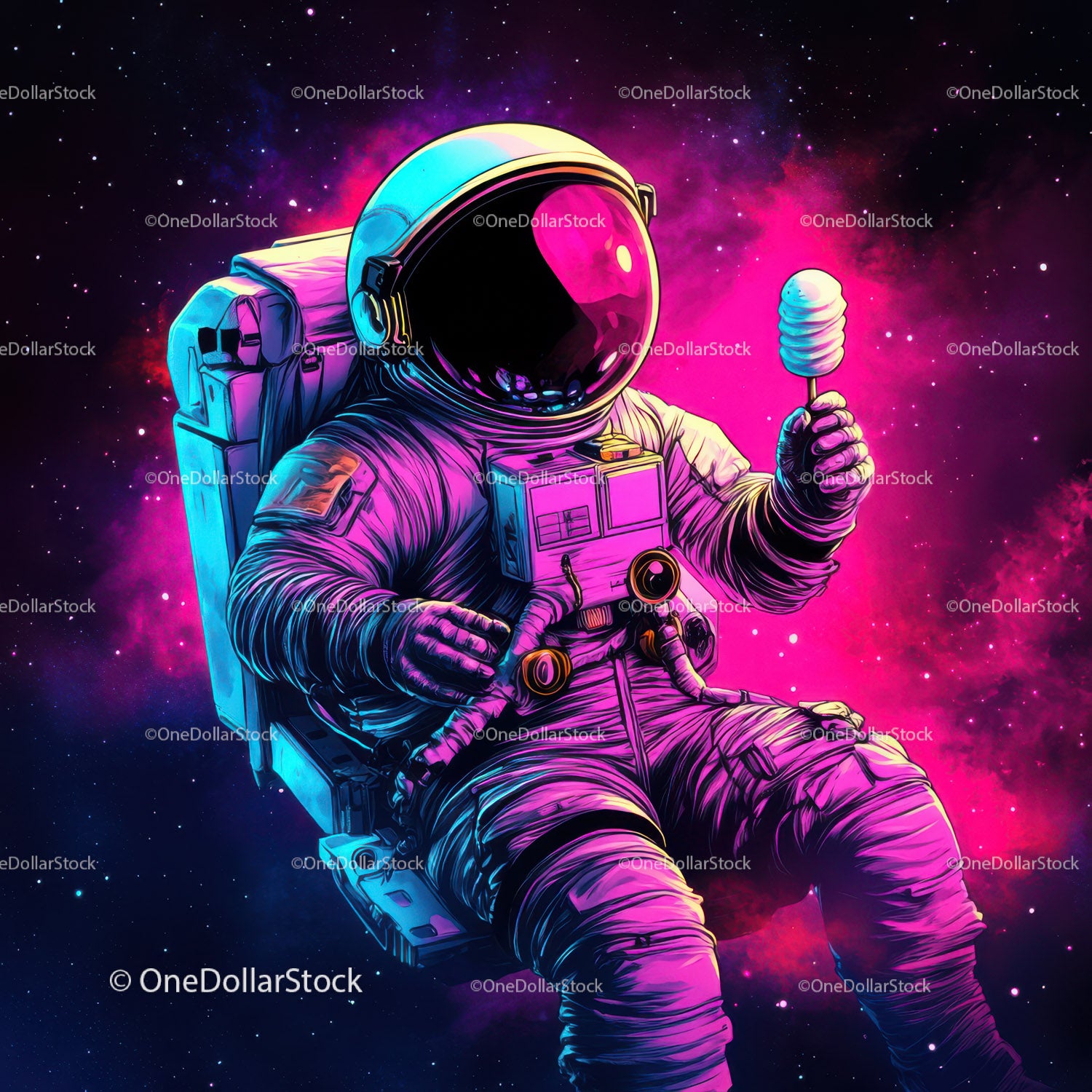 Colorful Astronaut Holding Ice Cream in Space with Galaxy Reflection