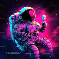 Colorful Astronaut Holding Ice Cream in Space with Galaxy Reflection