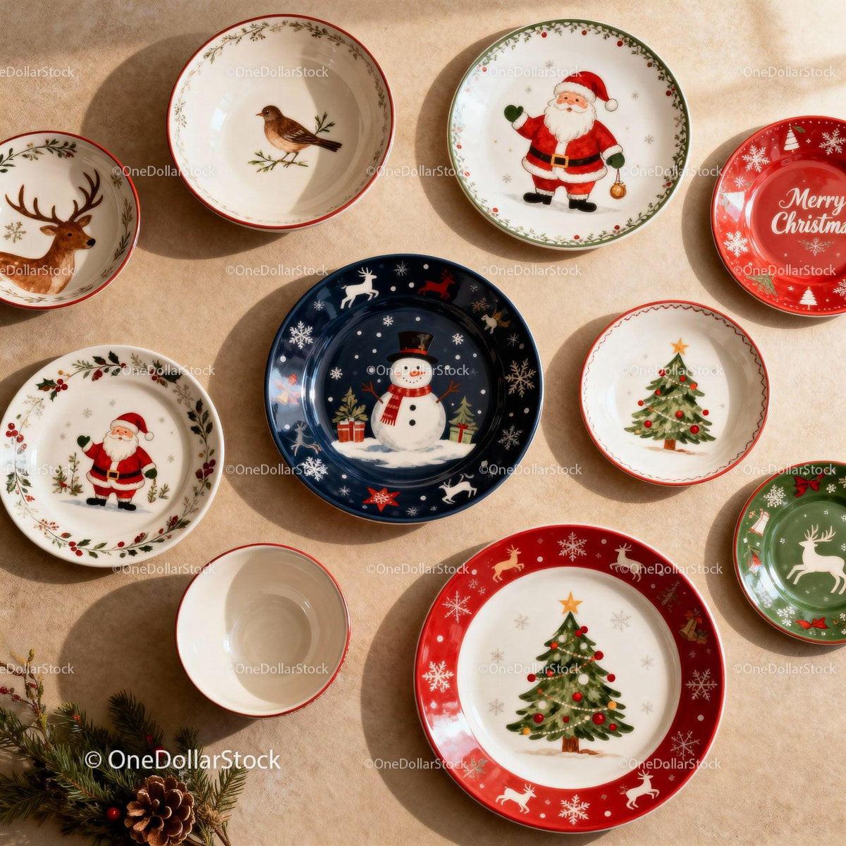 Festive Christmas Plates and Bowls with Holiday Motifs
